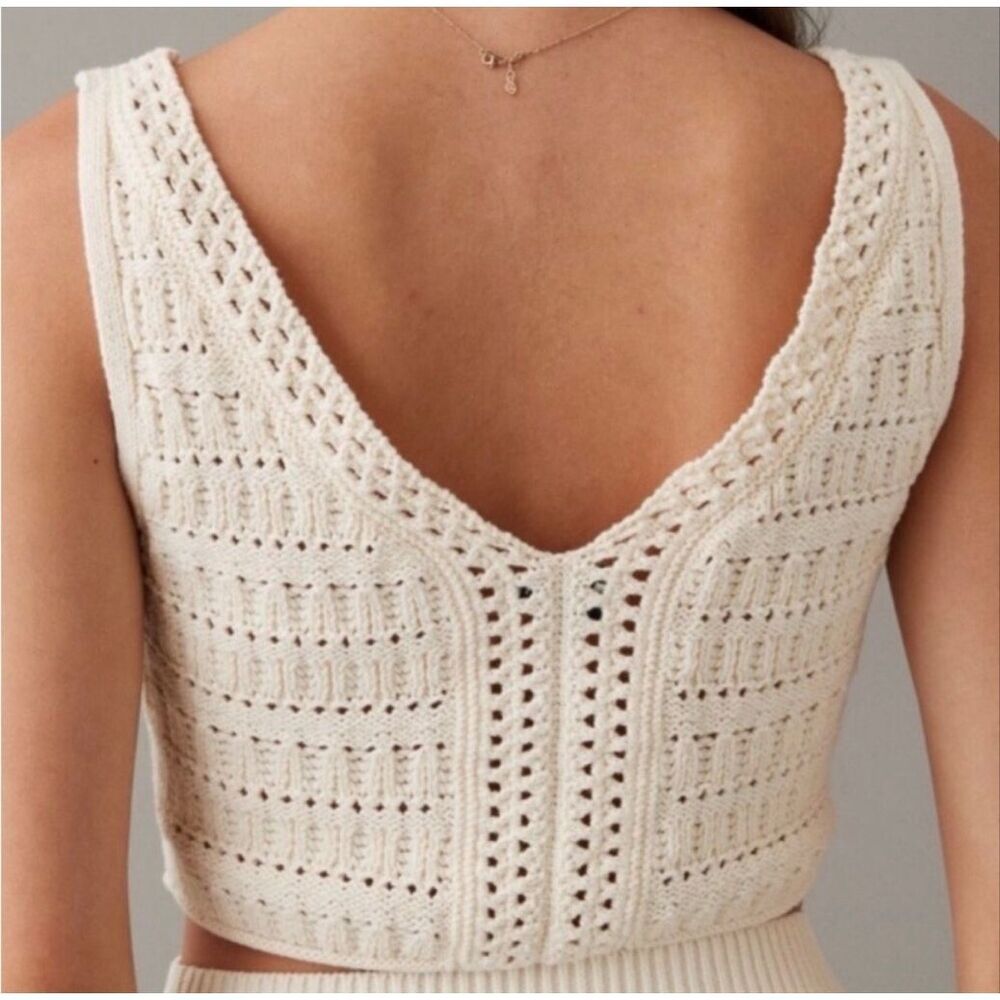 American Eagle Cropped Lace-Up Knit Tank Top Crochet Cream XL Coquette #1100 - Picture 2 of 8